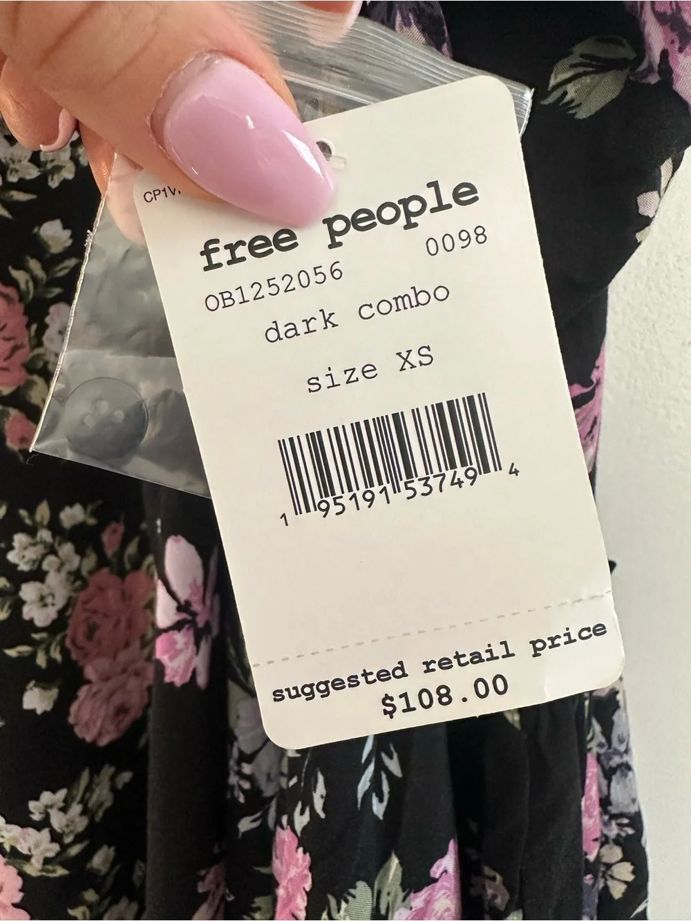 NWT XS Free People Black Floral Tunic with Pink and Lavender Flower Print - Picture 2 of 5